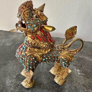 Vintage Gilt Filgree Tibetan Foo Dog with Coral & Turquoise Inlay
